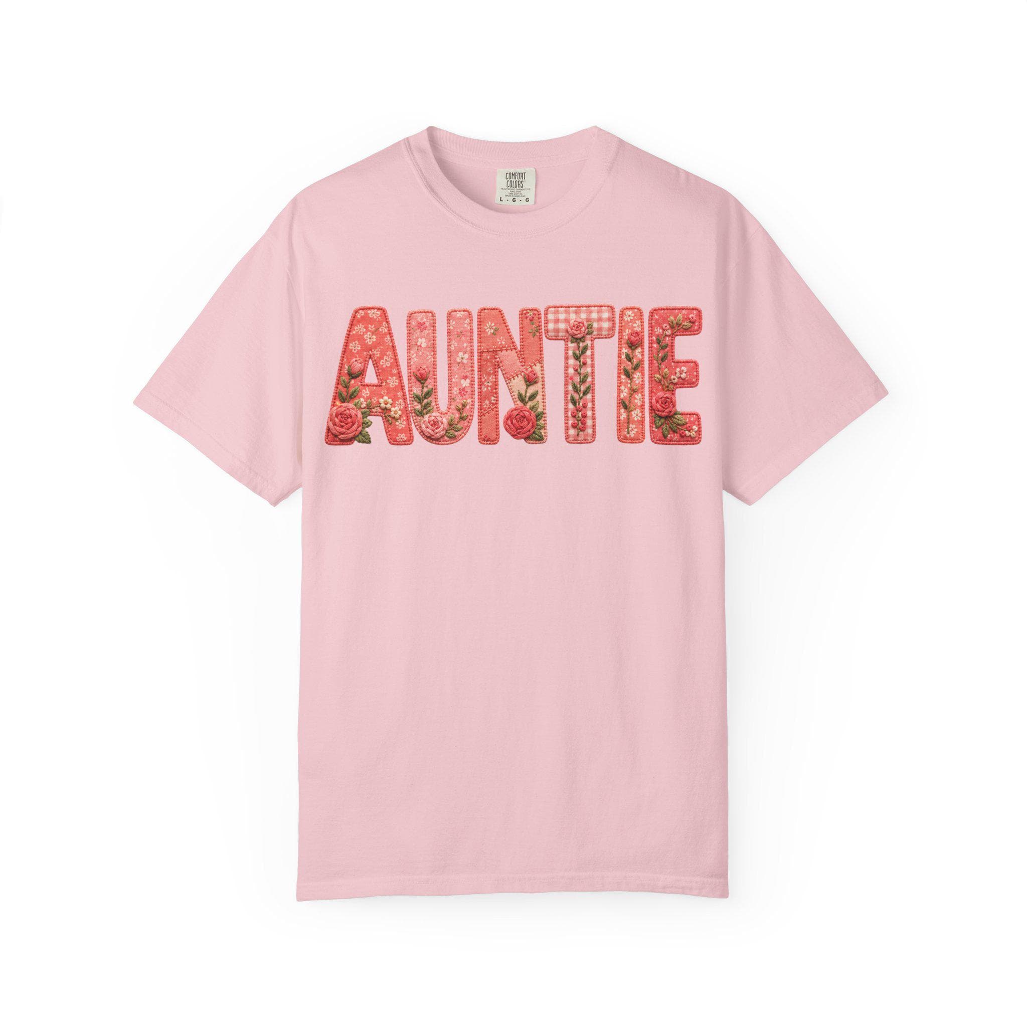 Floral Auntie Graphic T-Shirt, Faux Embroidery Print, Soft Cotton Tee