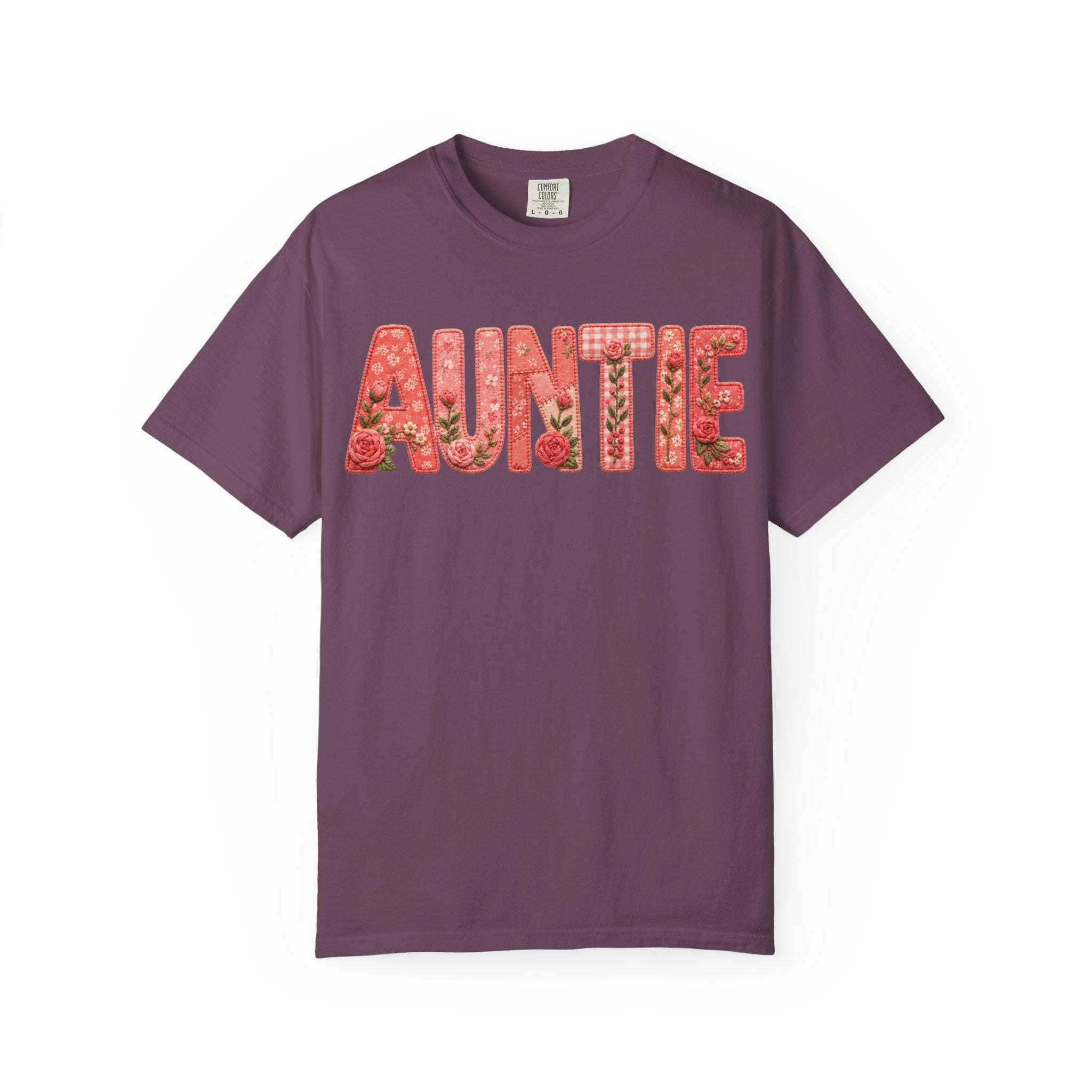 Floral Auntie Graphic T-Shirt, Faux Embroidery Print, Soft Cotton Tee