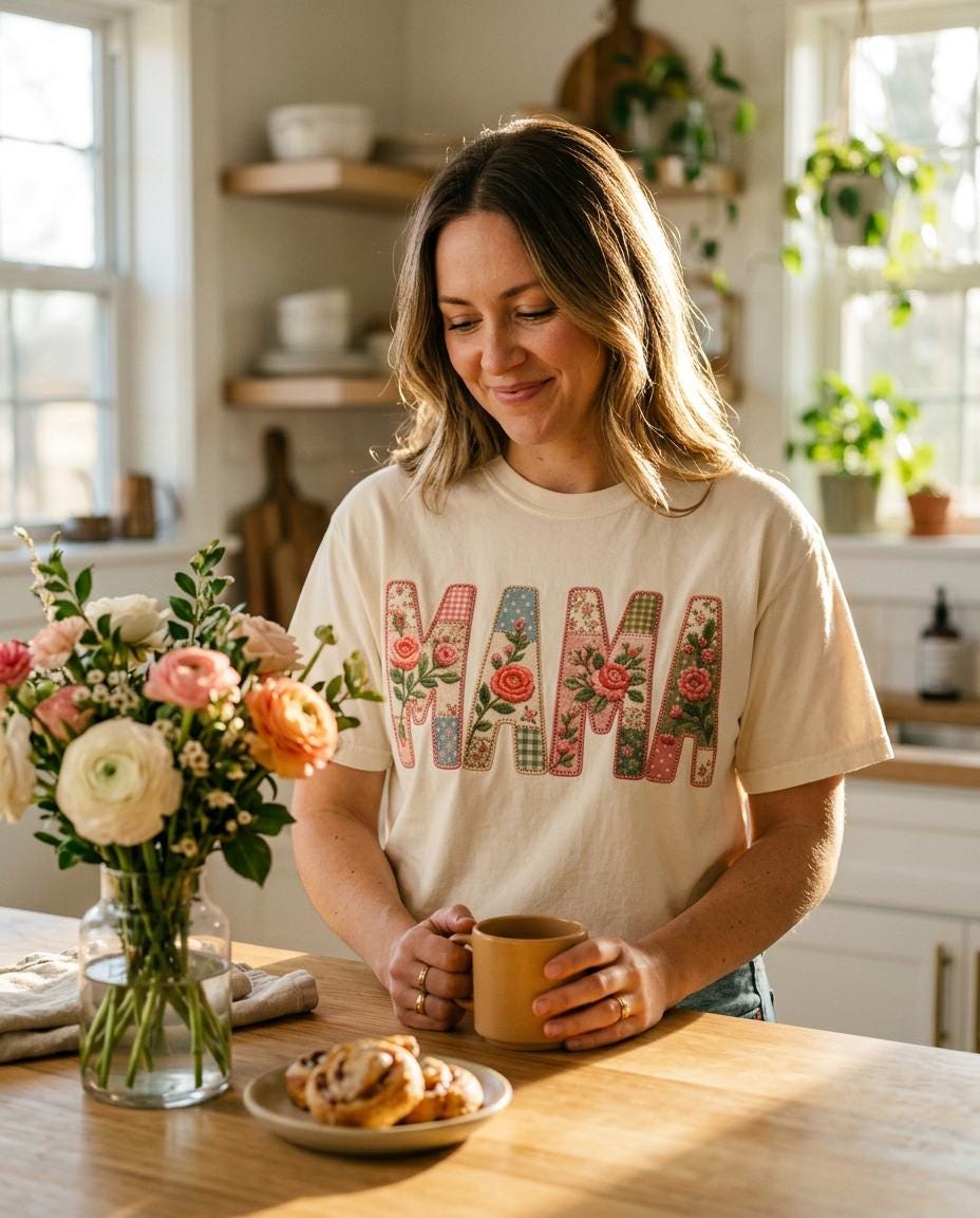 Vintage Floral Patchwork Mama Tee, Cottagecore Mom Shirt, Embroidered Style