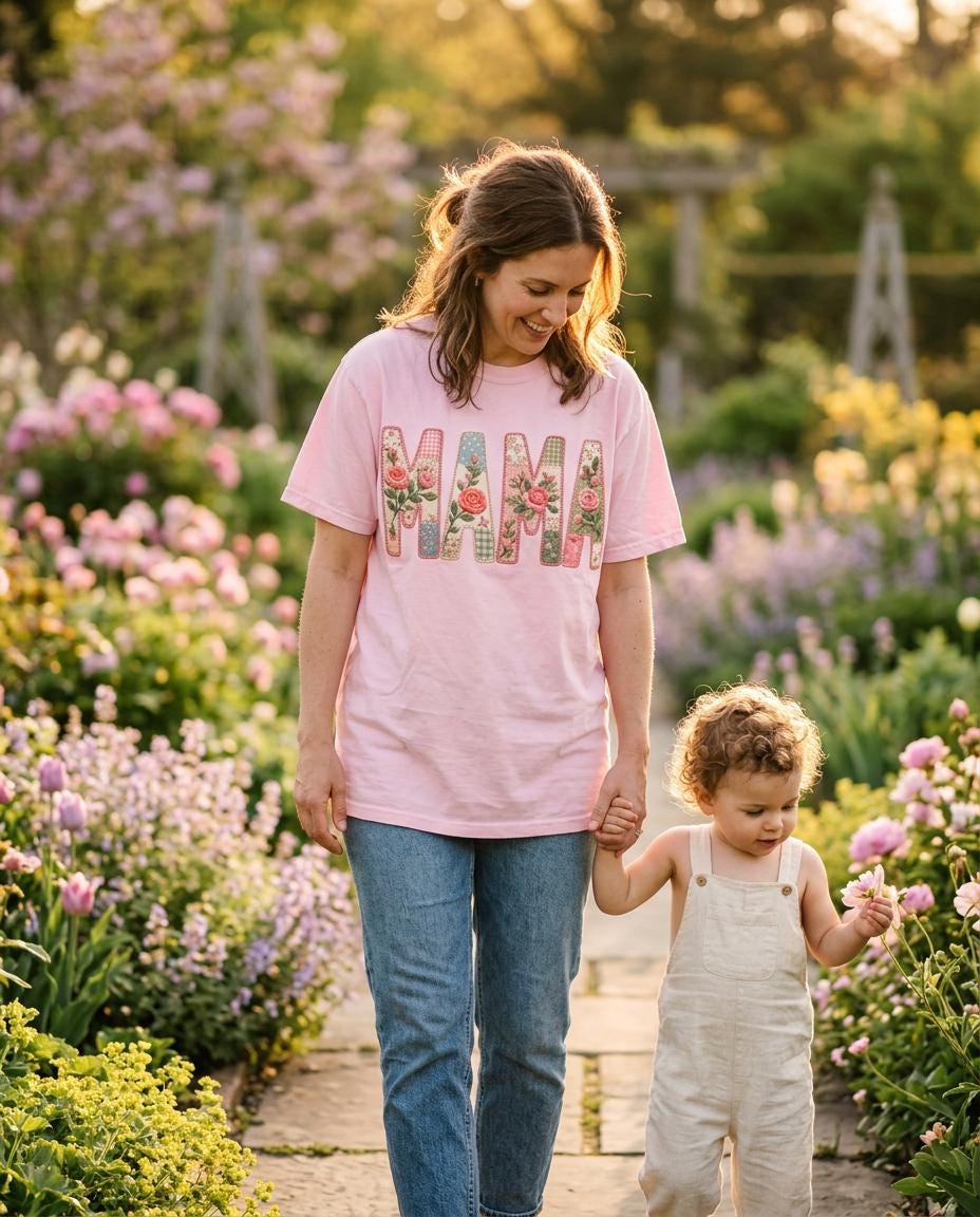 Vintage Floral Patchwork Mama Tee, Cottagecore Mom Shirt, Embroidered Style