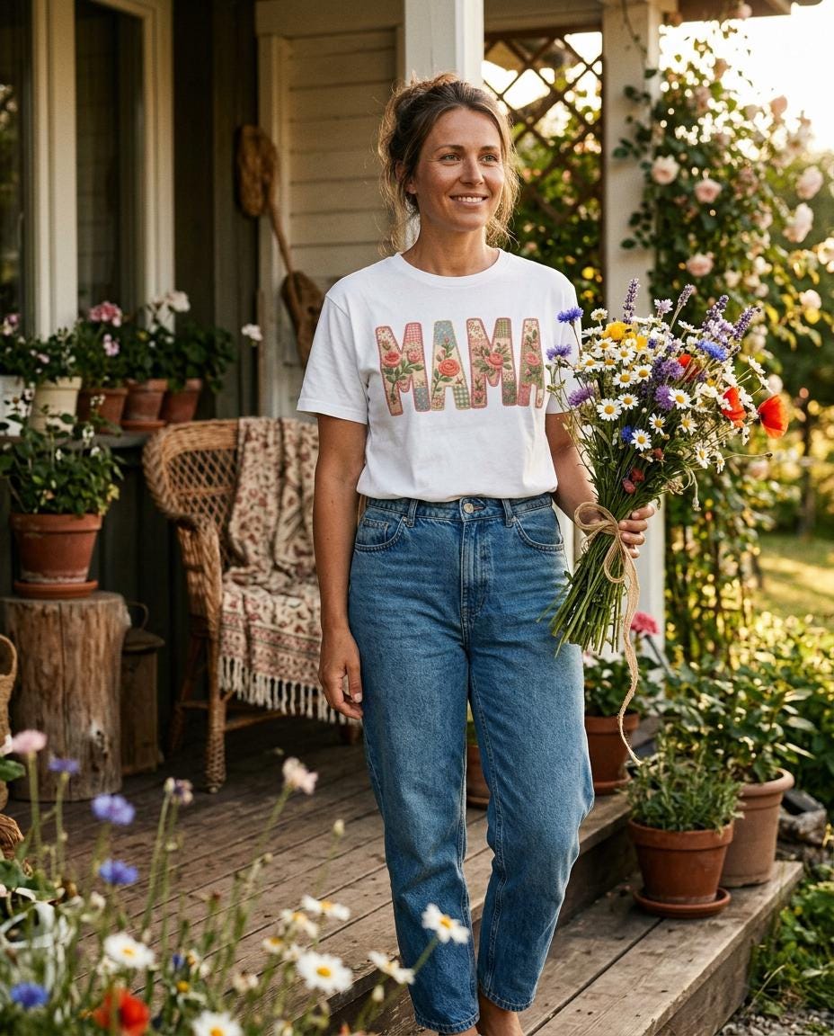 Vintage Floral Patchwork Mama Tee, Cottagecore Mom Shirt, Embroidered Style