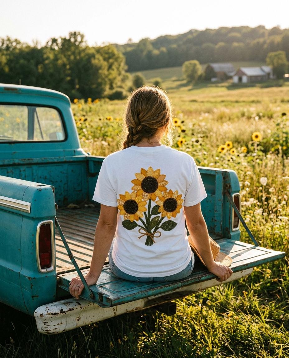 Patchwork Sunflower Bouquet Graphic Tee, Vintage Embroidery Style Print, Soft Cotton Floral Shirt