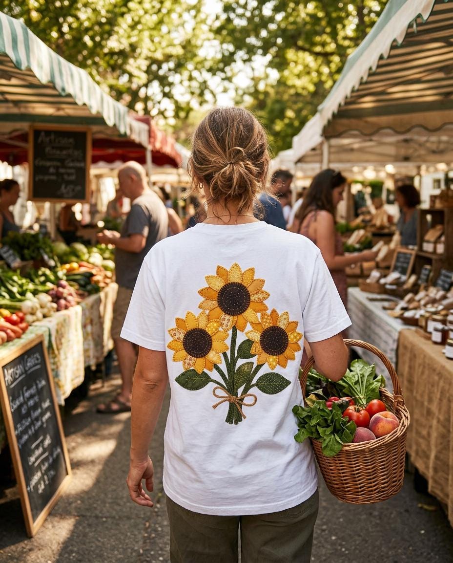 Patchwork Sunflower Bouquet Graphic Tee, Vintage Embroidery Style Print, Soft Cotton Floral Shirt