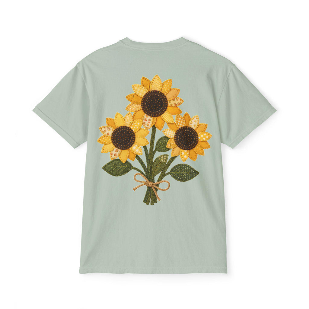 Patchwork Sunflower Bouquet Graphic Tee, Vintage Embroidery Style Print, Soft Cotton Floral Shirt