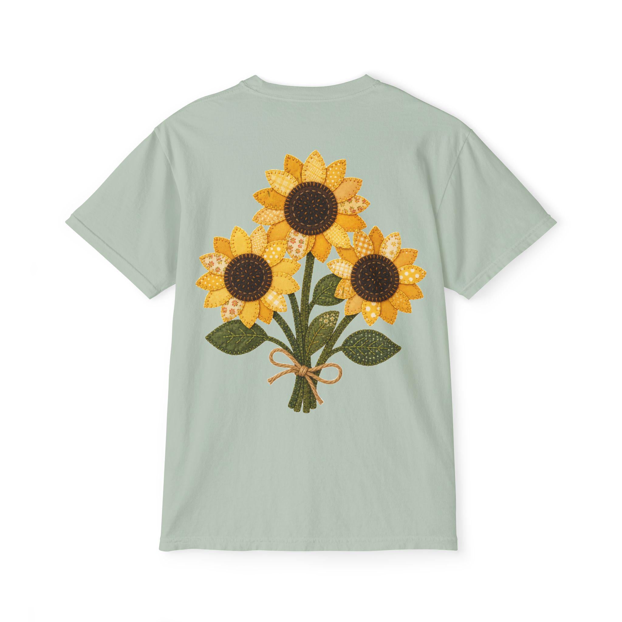 Patchwork Sunflower Bouquet Graphic Tee, Vintage Embroidery Style Print, Soft Cotton Floral Shirt