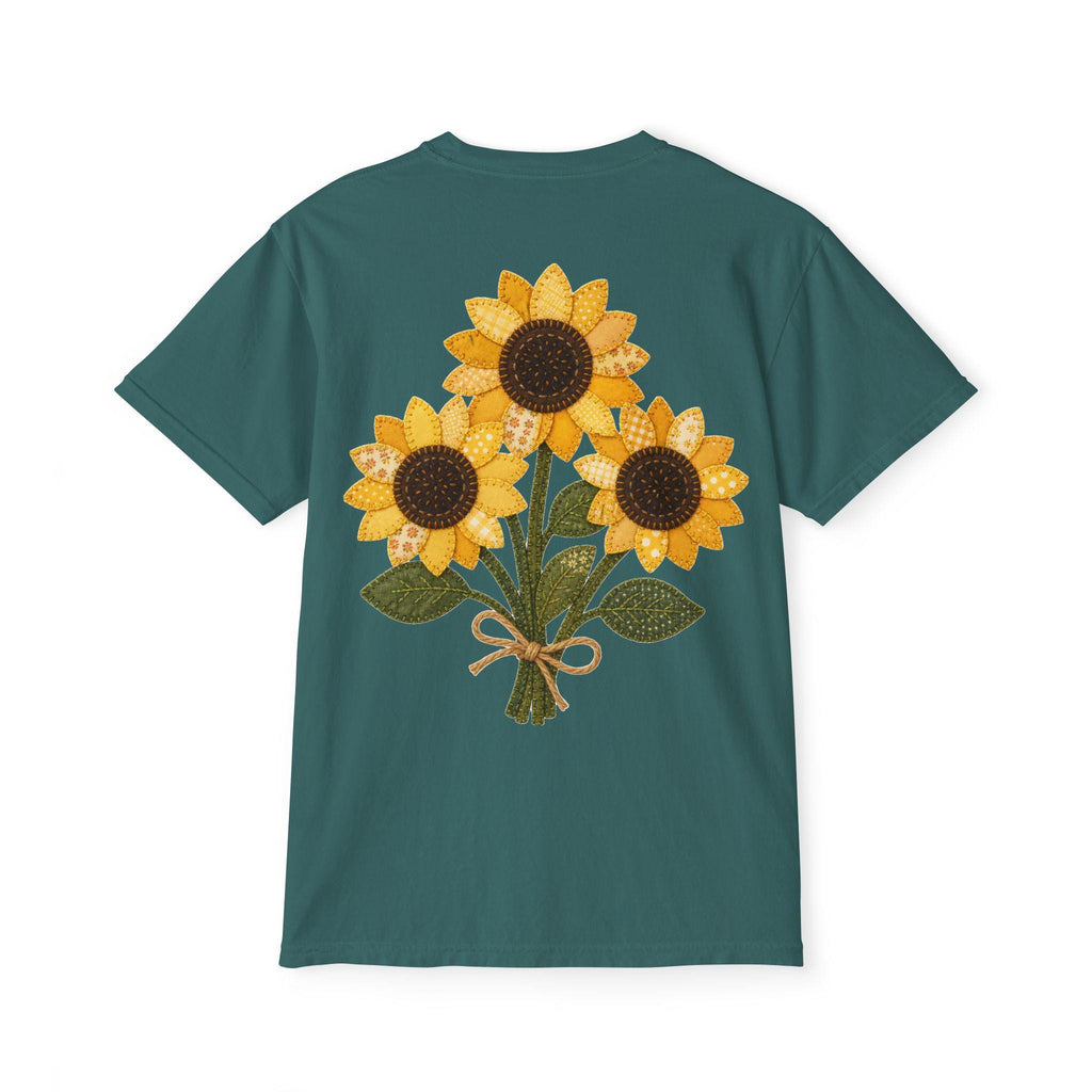 Patchwork Sunflower Bouquet Graphic Tee, Vintage Embroidery Style Print, Soft Cotton Floral Shirt