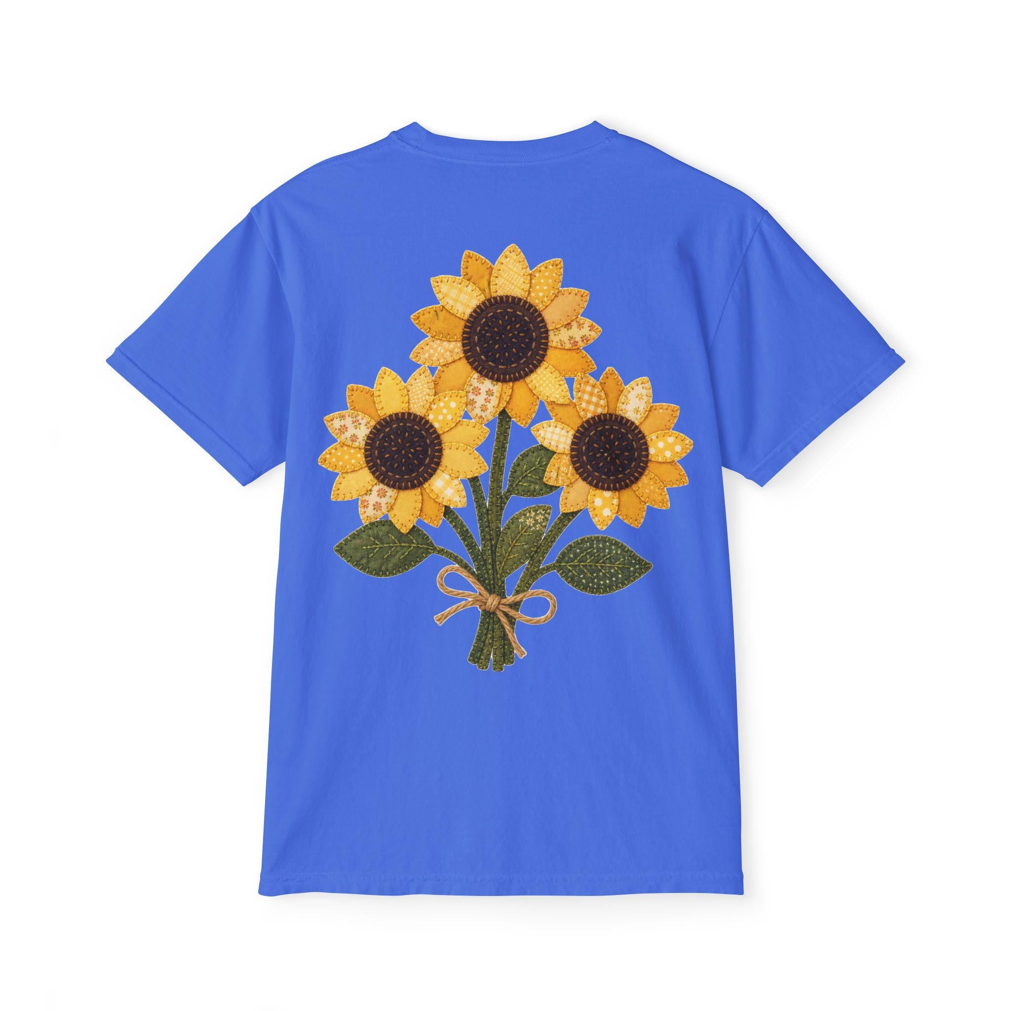 Patchwork Sunflower Bouquet Graphic Tee, Vintage Embroidery Style Print, Soft Cotton Floral Shirt