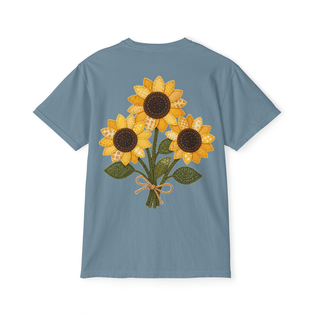 Patchwork Sunflower Bouquet Graphic Tee, Vintage Embroidery Style Print, Soft Cotton Floral Shirt
