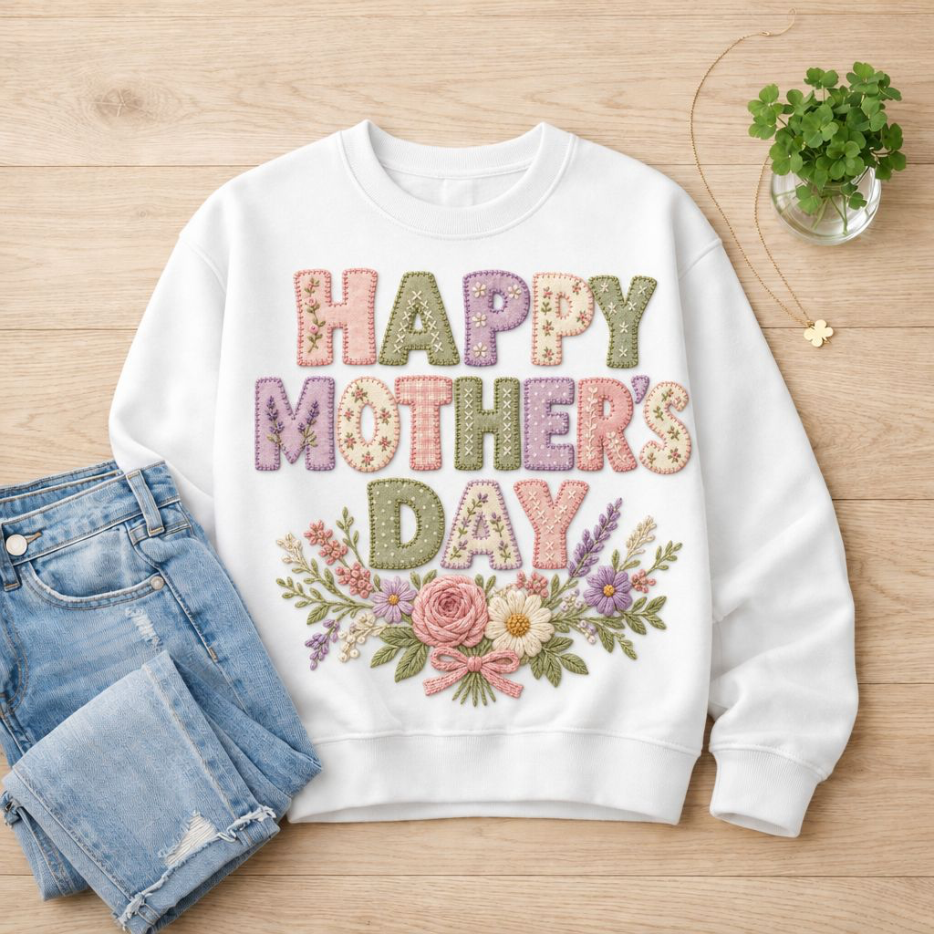 Happy Mother’s Day PNG Digital Download – Embroidered Floral Cottagecore Mom Design