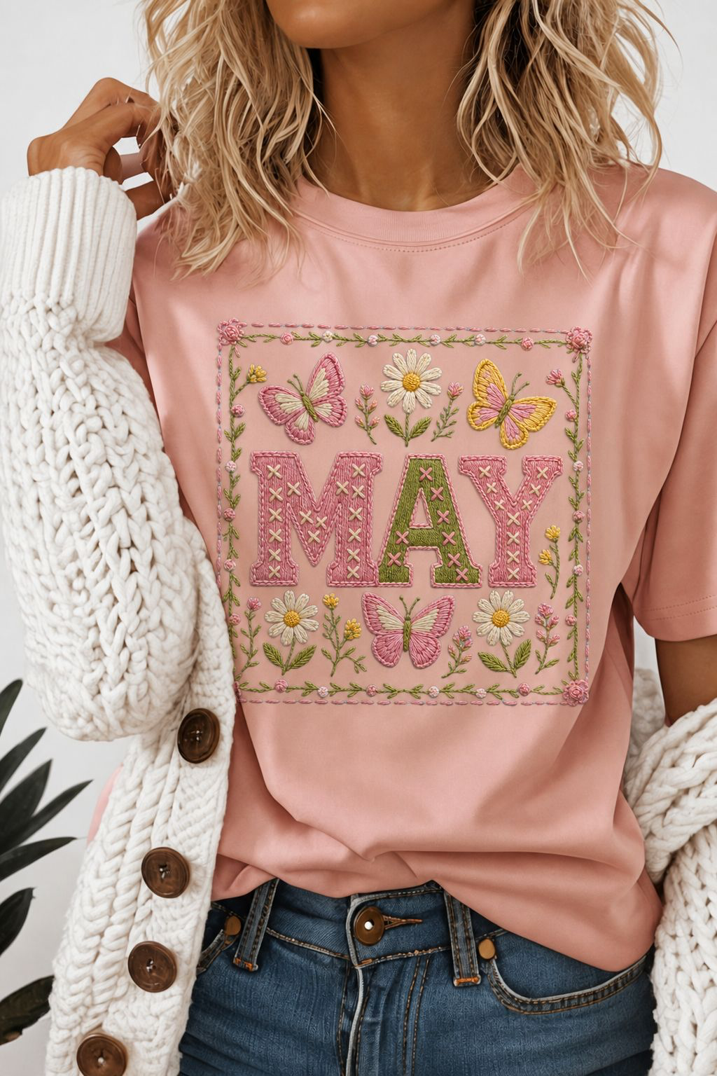 May PNG Digital Download – Embroidered Floral Butterfly Cottagecore Design