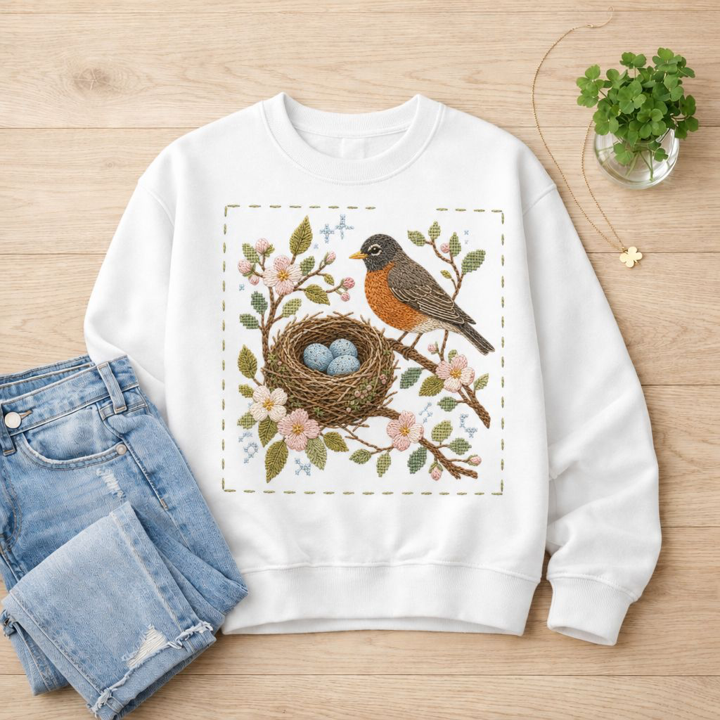 Robin Bird Nest PNG, Vintage Embroidery Floral PNG, Spring Bird Sublimation Design, Cottagecore PNG Download, Nature Clipart Digital Download