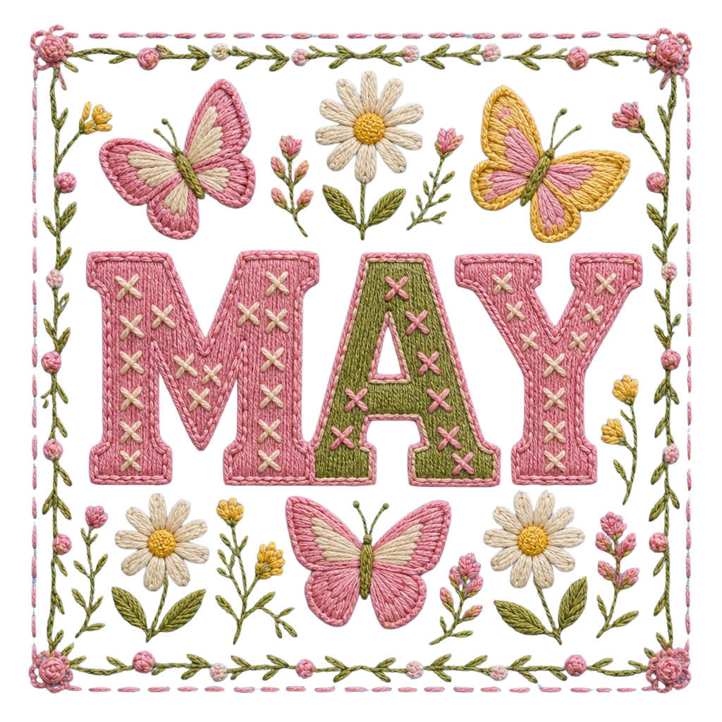 May PNG Digital Download – Embroidered Floral Butterfly Cottagecore Design