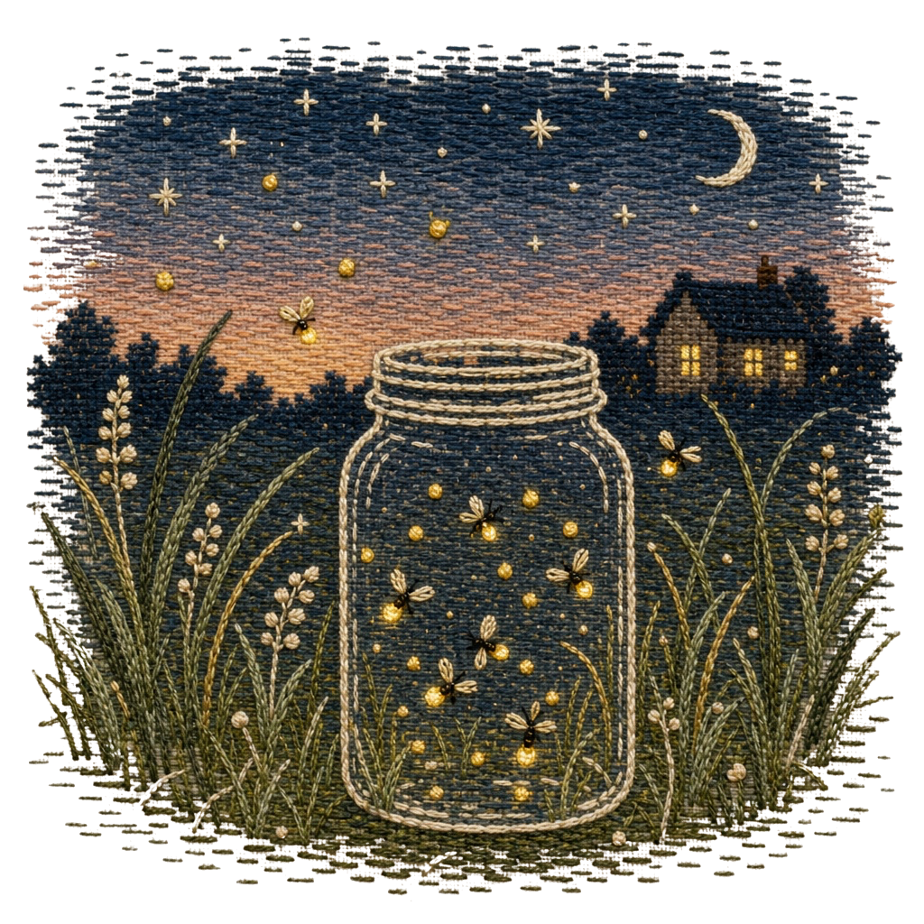 Firefly Jar PNG Digital Download – Embroidered Cottagecore Night Scene Design