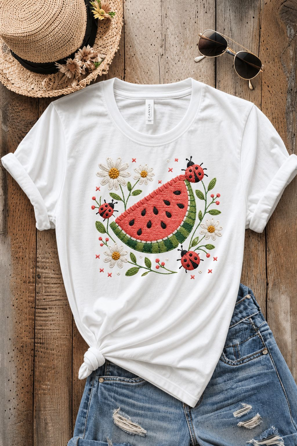 Watermelon PNG Digital Download – Embroidered Summer Fruit & Ladybug Cottagecore Design